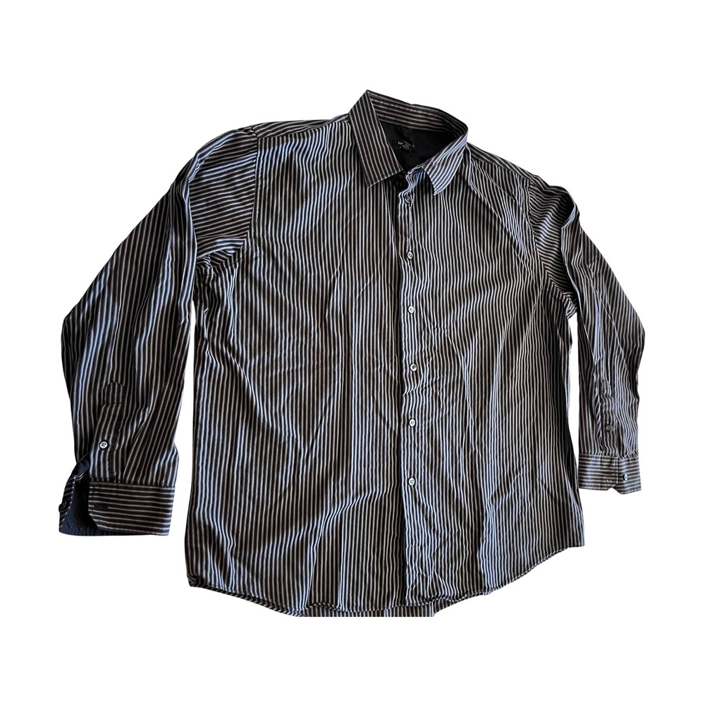 Van Heusen Mens XL Striped Button Down Shirt Black Grey Long Sleeve Cotton Blend